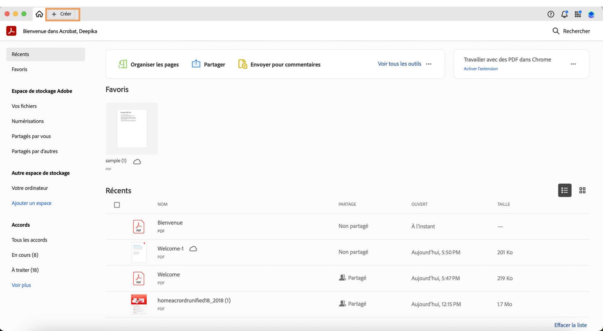Acrobat est ouvert dans la vue Accueil et l’option Créer en haut à gauche est mise en surbrillance. 