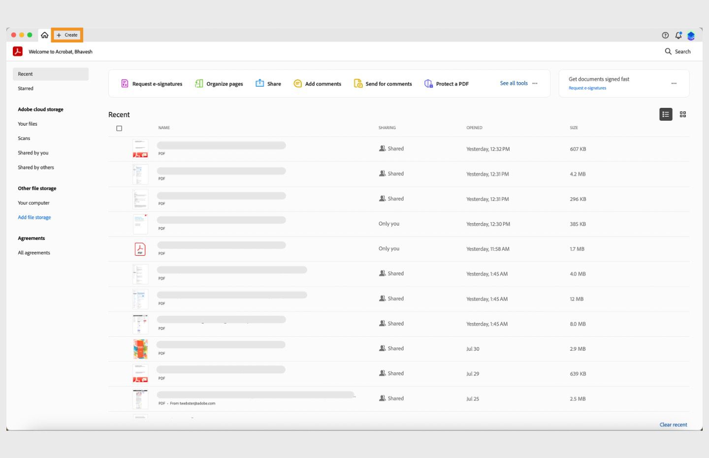 يتم فتح Acrobat في طريقة عرض &quot;الشاشة الرئيسية&quot; ويتم تمييز الخيار &quot;إنشاء&quot; في أعلى اليسار. 