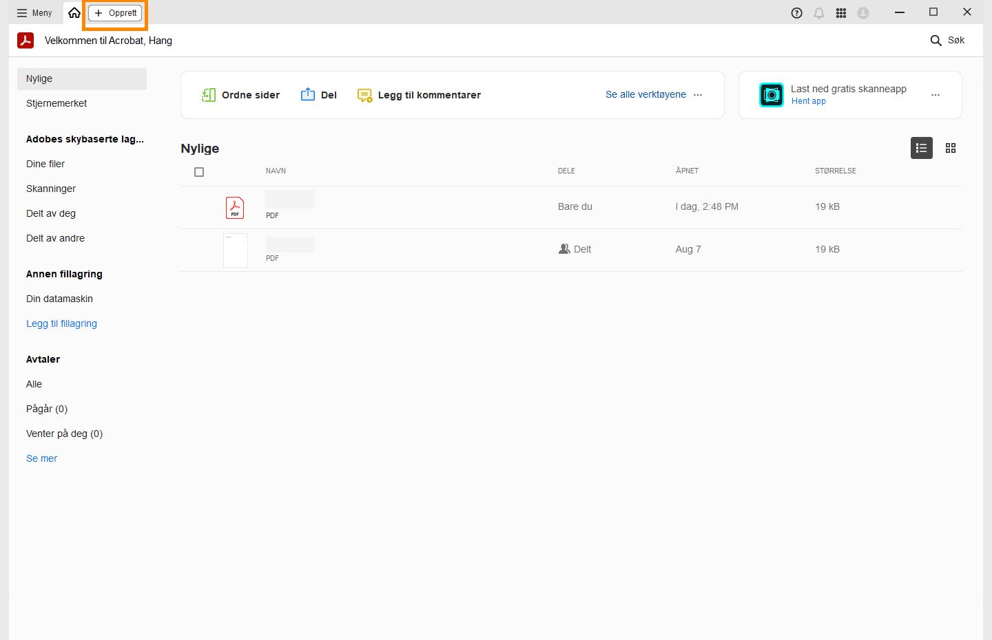 Acrobat åpnet i Hjem-visning, med Opprett-alternativet uthevet øverst til venstre. 