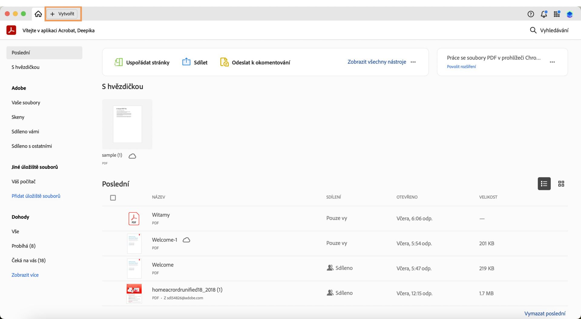 Aplikace Acrobat je otevřena v zobrazení domovské stránka a se zvýrazněnou možností Vytvořit v levém horním rohu. 