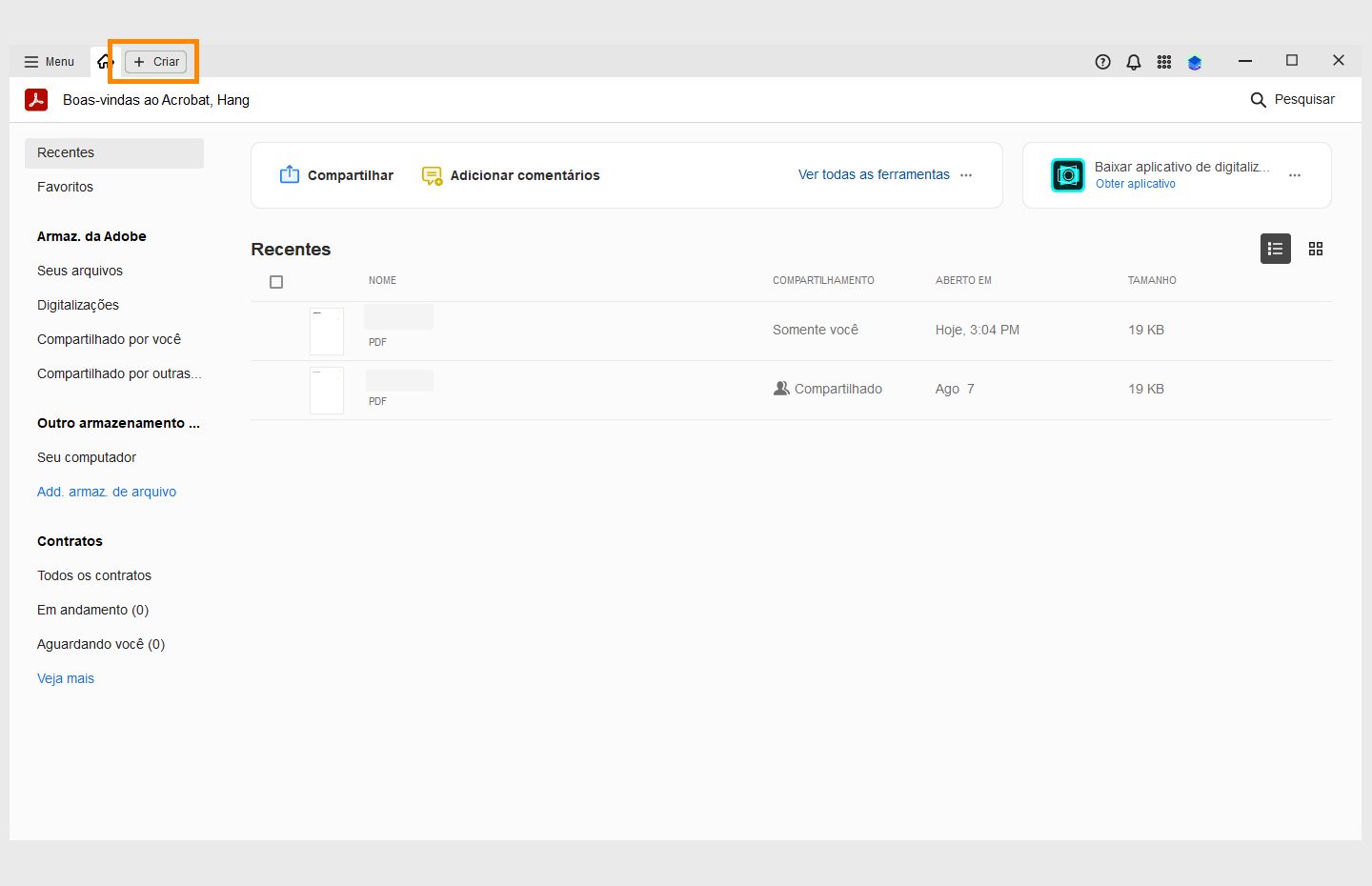 O Acrobat aberto na página inicial com a opção Criar na parte superior esquerda destacada. 