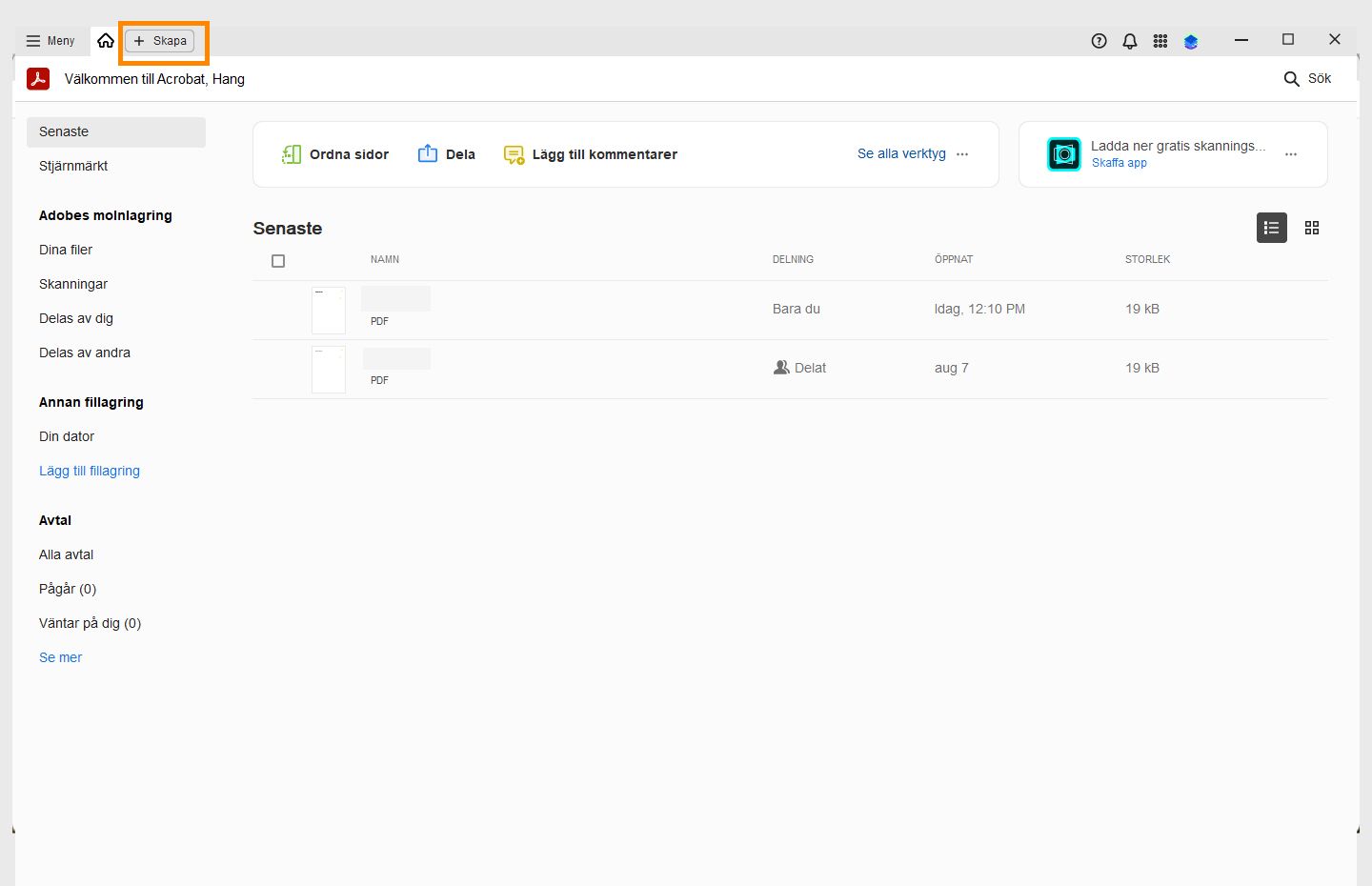 Acrobat är öppet i startvyn och alternativet Skapa längst upp till vänster är markerat. 