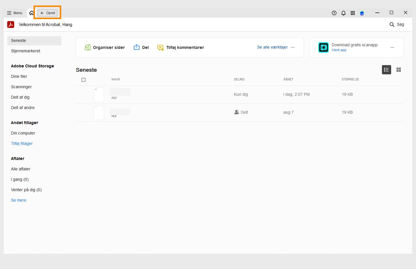 Acrobat er åben i Hjem-visningen, og indstillingen Opret øverst til venstre er fremhævet. 