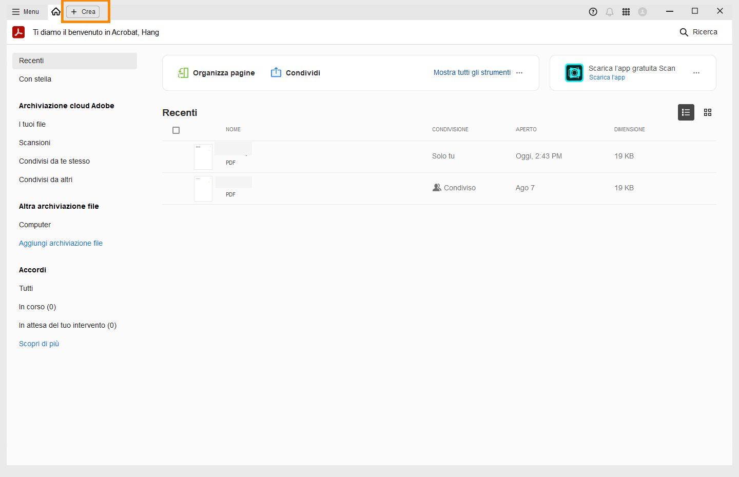 Acrobat è aperto nella vista Home e l’opzione Crea in alto a sinistra è evidenziata. 