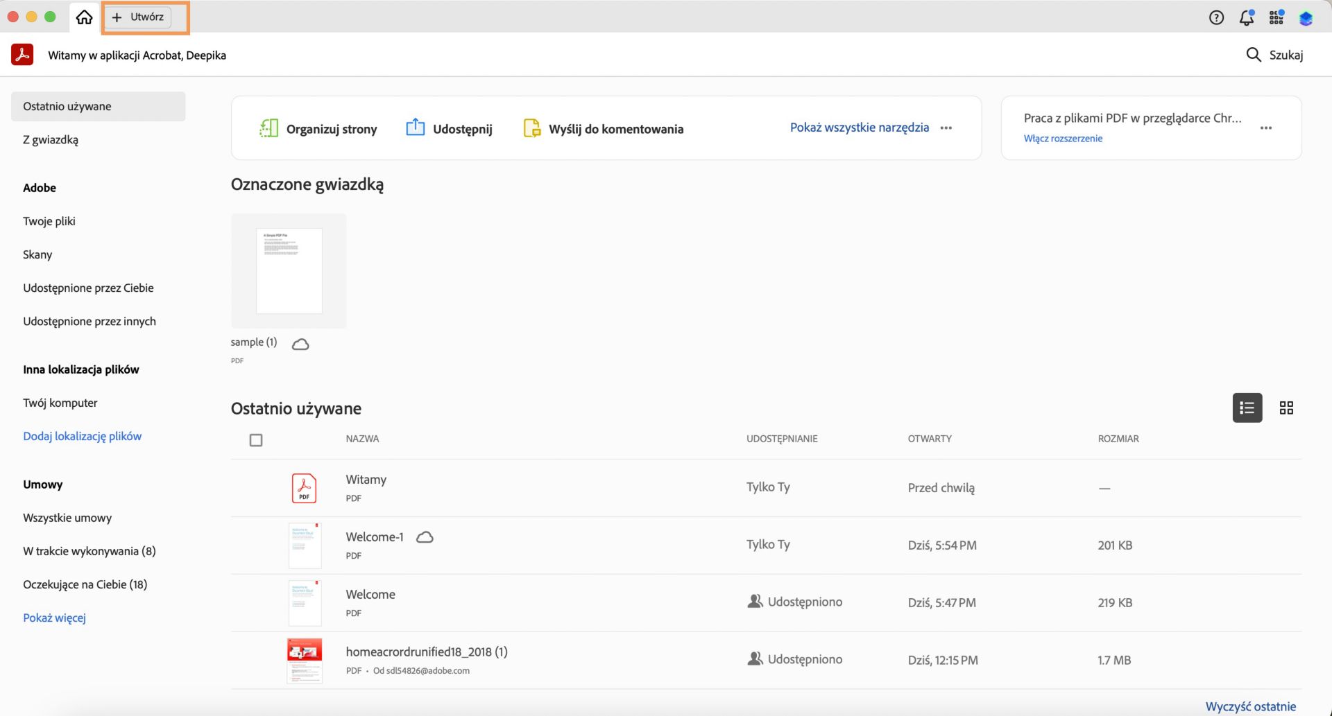 Podświetlona opcja Utwórz w lewym górnym rogu strony głównej programu Acrobat. 