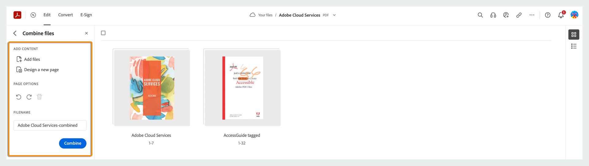 Palette d’outils Combiner les fichiers