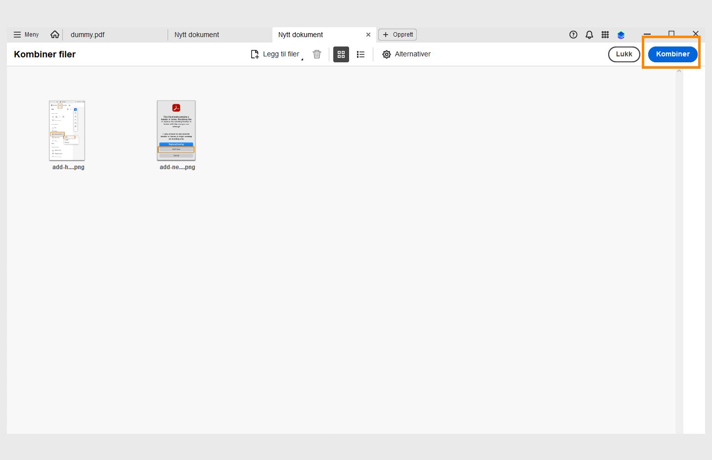 Vinduet med Kombiner filer er åpent, og alternativet Kombiner er uthevet øverst til høyre.