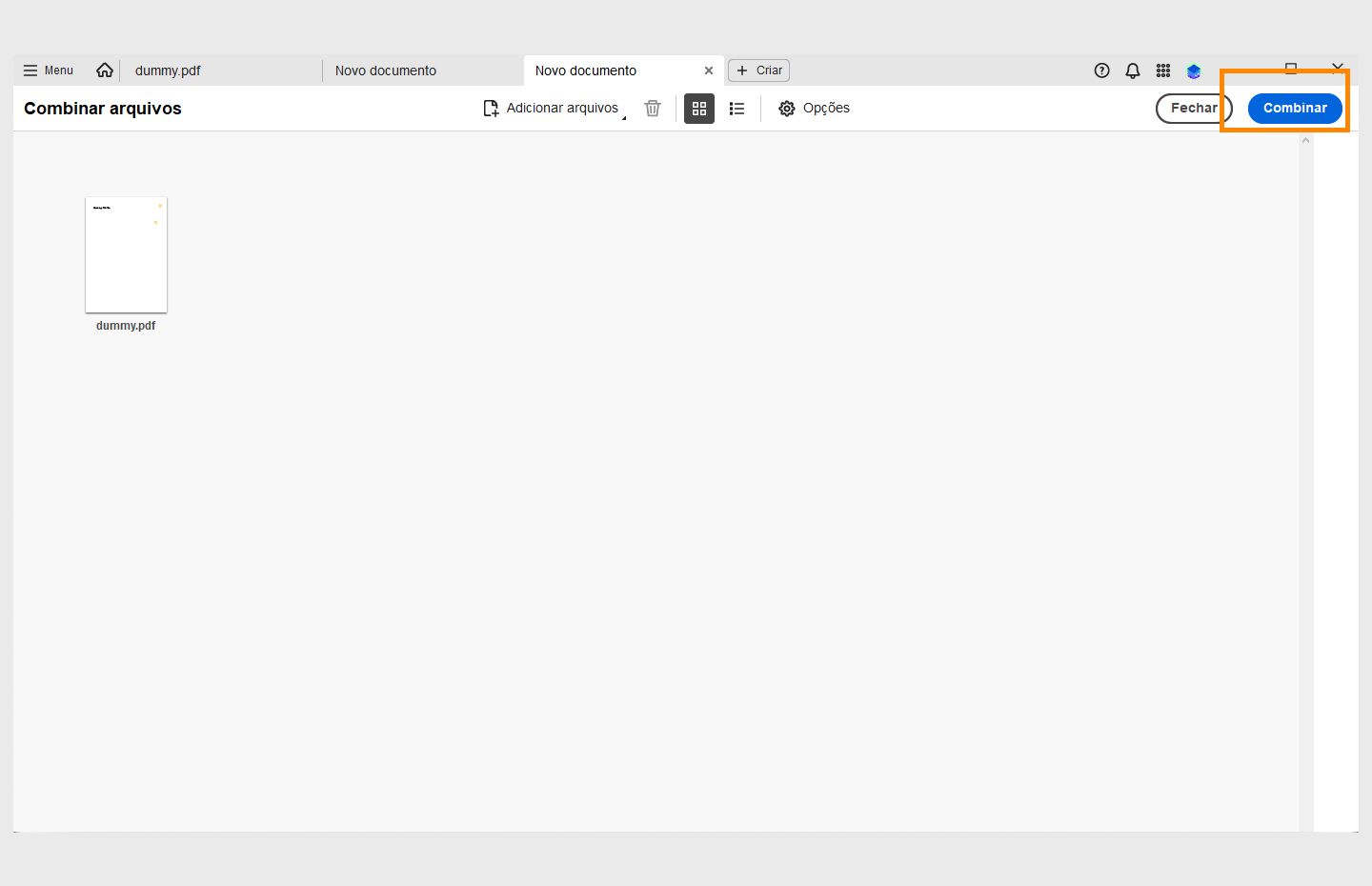 A janela Combinar arquivos está aberta e a opção Combinar está destacada na parte superior direita