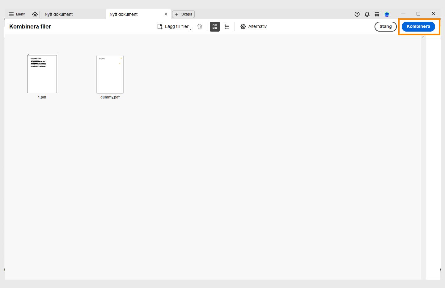 Fönstret Kombinera filer är öppet och alternativet Kombinera är markerat längst upp till höger