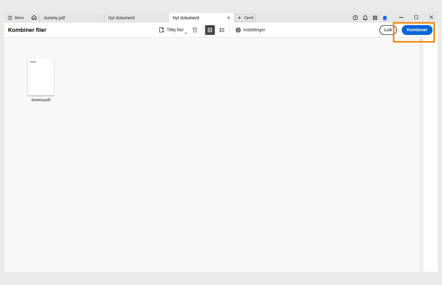 Vinduet Kombiner filer er åbent, og indstillingen Kombiner er fremhævet øverst til højre