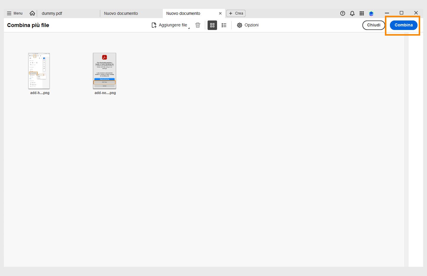 Finestra Combina file aperta con l’opzione Combina è evidenziata in alto a destra