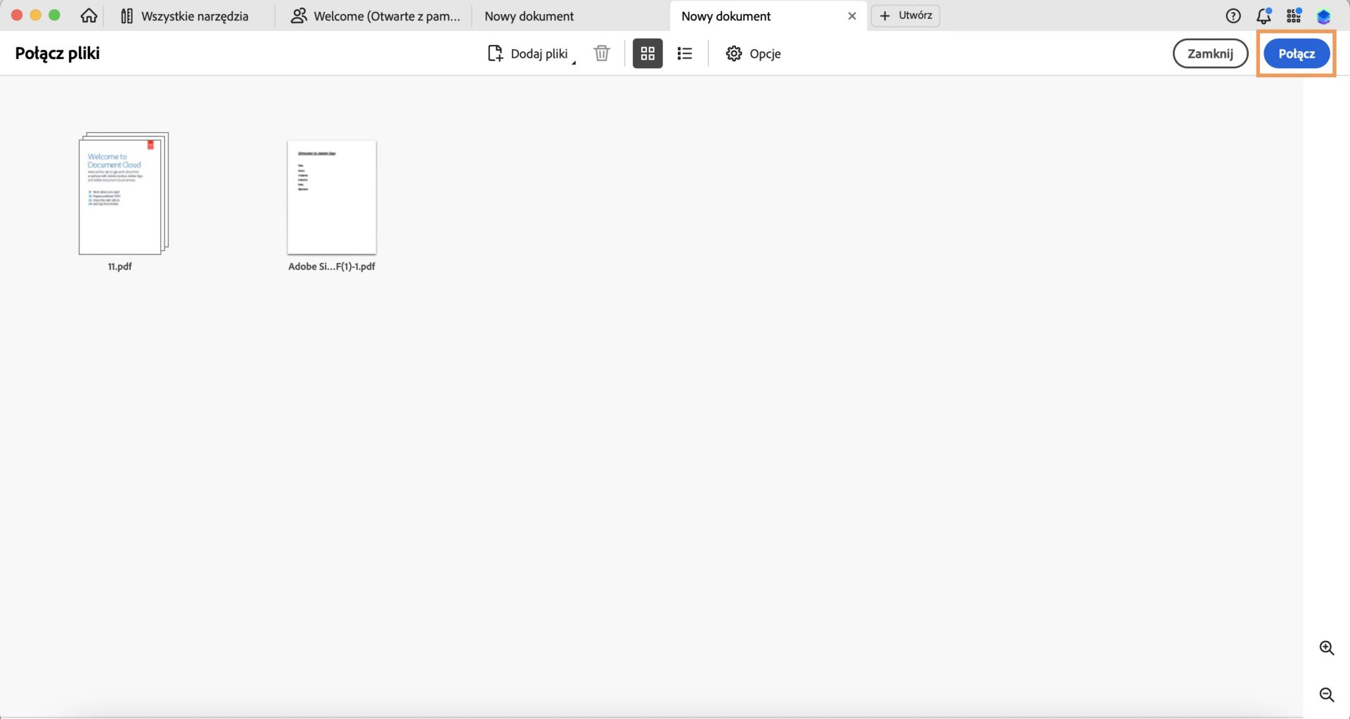 Podświetlona opcja łączenia w prawym górnym rogu otwartego okna Połącz pliki