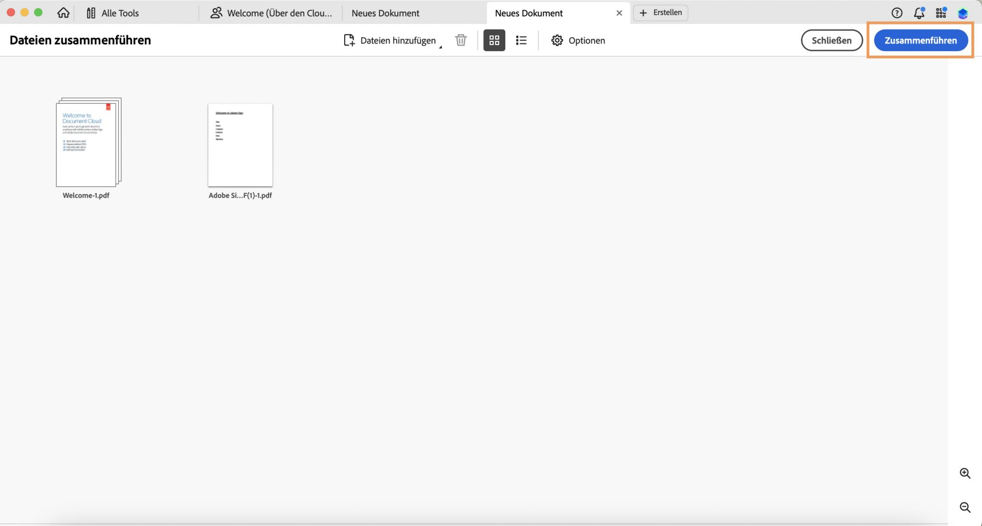 Das Fenster „Dateien zusammenführen“ ist offen und die Option „Zusammenführen“ ist oben rechts markiert.
