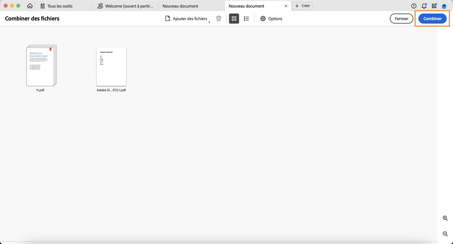 La fenêtre de combinaison de fichiers est ouverte et l’option de combinaison est mise en surbrillance en haut à droite.