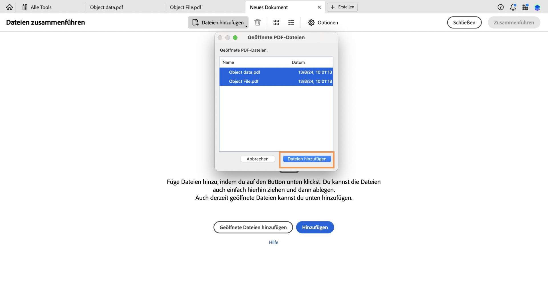 Das Dialogfeld „PDF-Dateien öffnen“ ist geöffnet. Die Schaltfläche „Dateien hinzufügen“ ist markiert. 