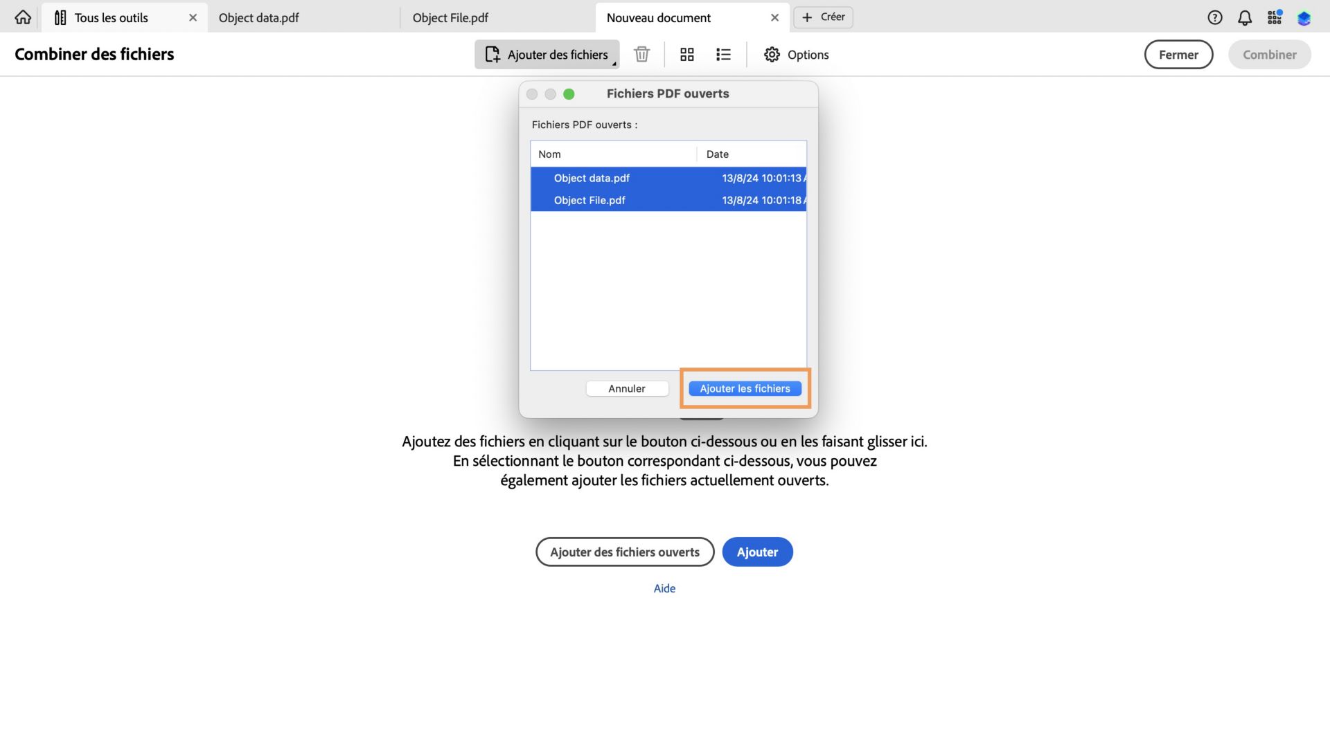 La boîte de dialogue Ouvrir des fichiers PDF est ouverte. Le bouton Ajouter des fichiers est mis en surbrillance. 