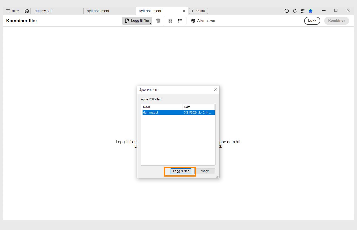 Dialogboksen med Åpne PDF-filer er åpen. Knappen Legg til filer er uthevet. 