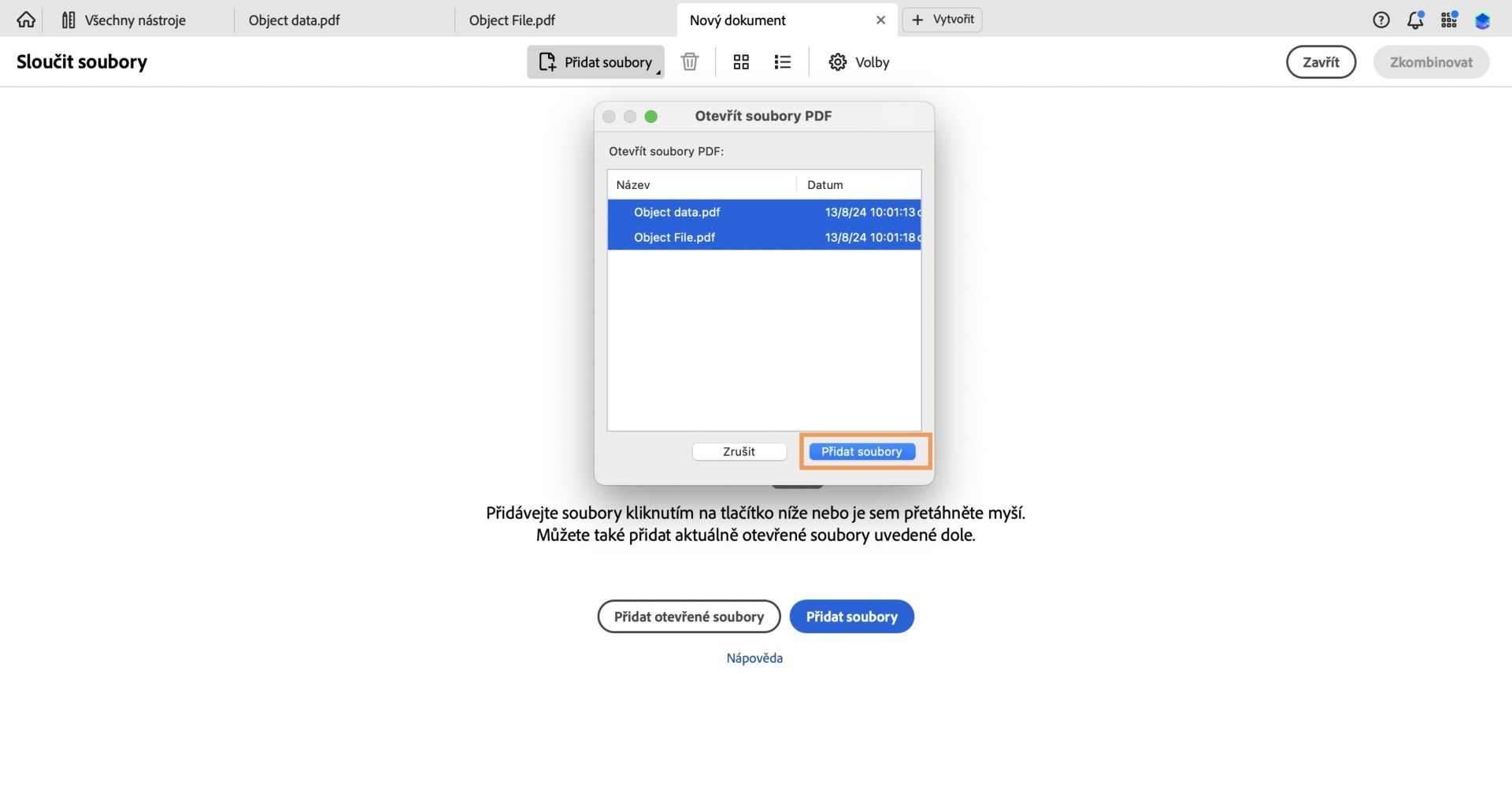 Otevře se dialogové okno Otevřít soubory PDF. Tlačítko Přidat soubory je zvýrazněno. 