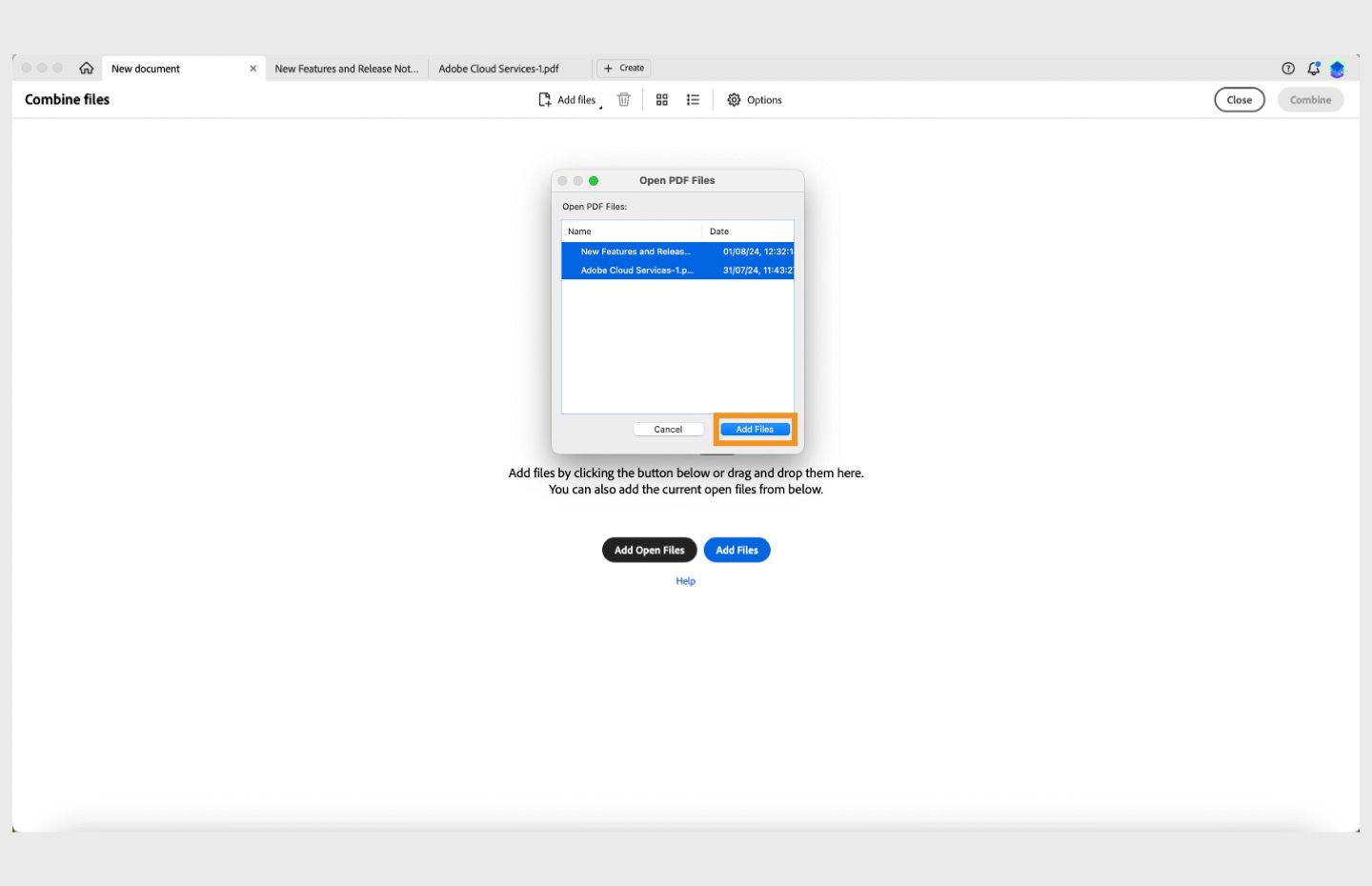 תיבת הדו-שיח Open PDF Files (פתיחת קבצי PDF) תיפתחו. כפתור Add files יסומן. 