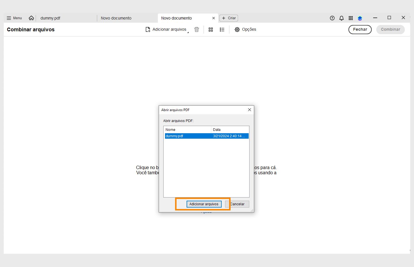 Isso abrirá a caixa de diálogo Abrir arquivos PDF. O botão Adicionar arquivos está destacado. 