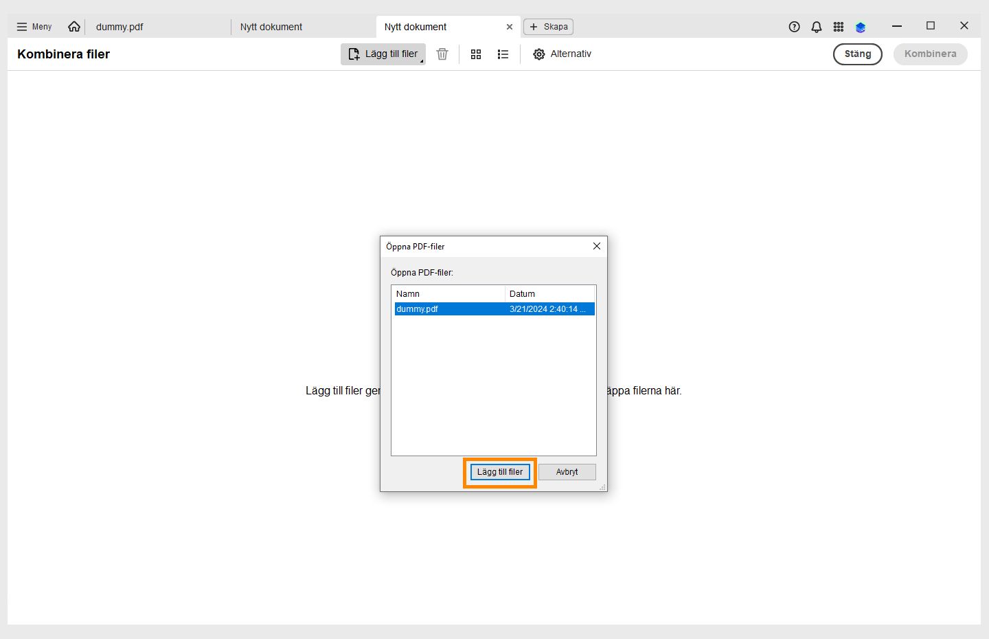 Dialogrutan Öppna PDF-filer är öppen. Knappen Lägg till filer är markerad. 