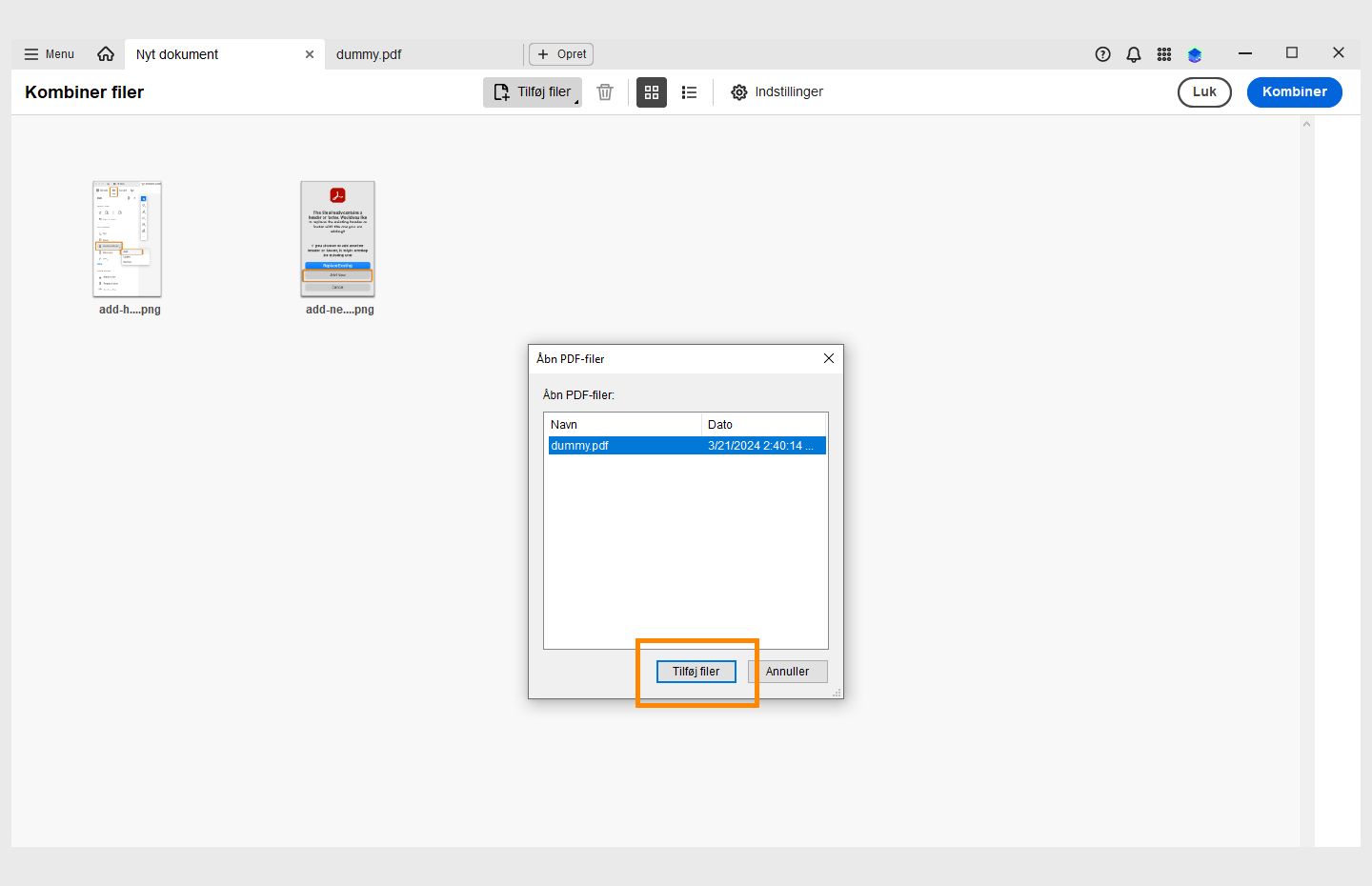 Dialogboksen Åbn PDF-filer er åben. Knappen Tilføj filer er fremhævet. 