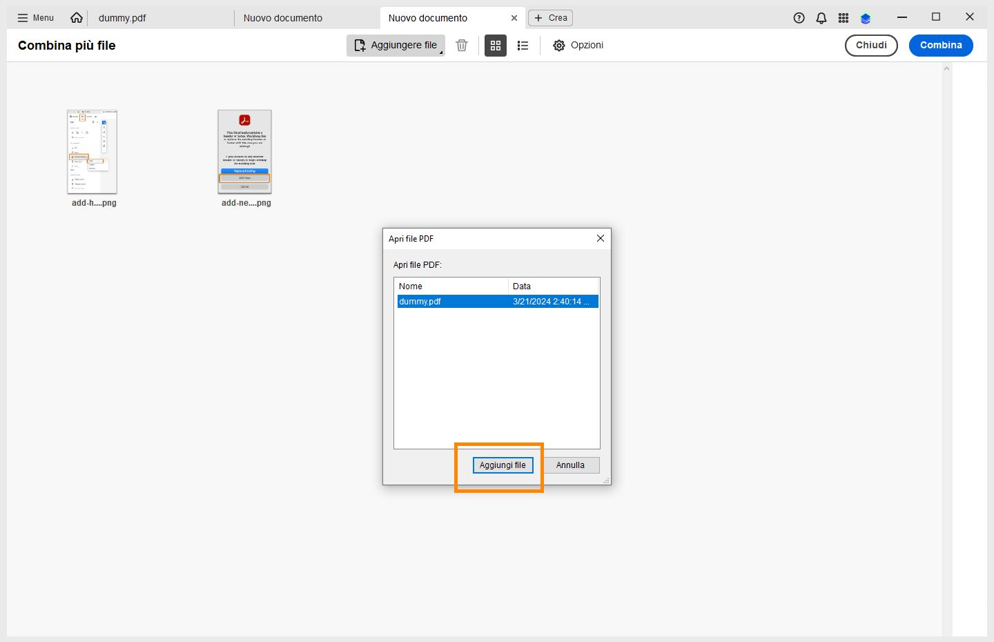 La finestra di dialogo Apri file PDF è aperta. Il pulsante Aggiungi file è evidenziato. 