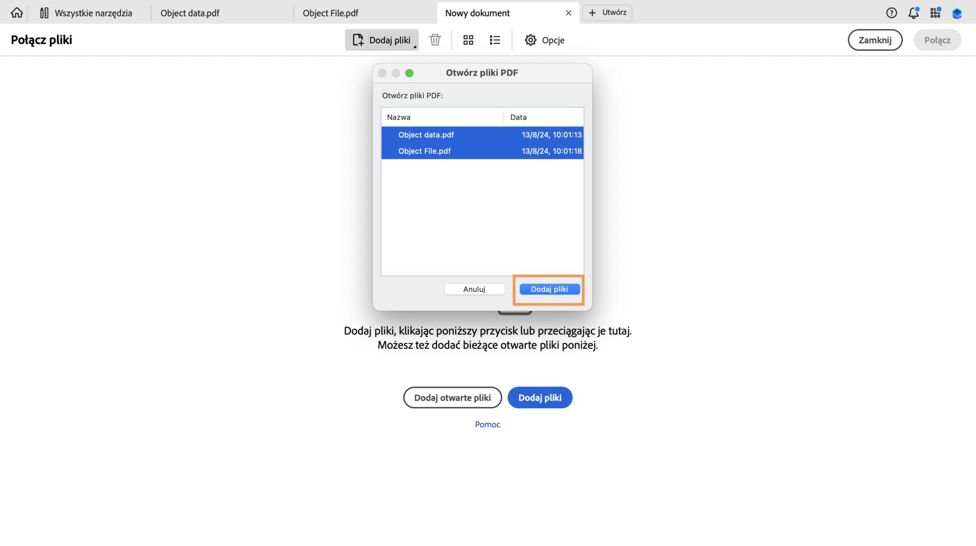 Otwarte okno dialogowe Otwarte pliki PDF. Podświetlony przycisk Dodaj pliki. 