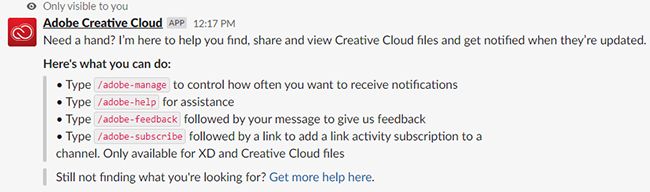 Använd dessa kommandon för Creative Cloud för Slack
