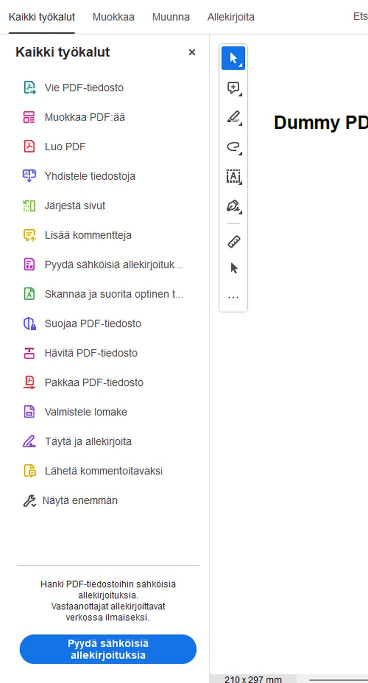 Kommentointityökalu ei näy Kaikki työkalut -ruudussa