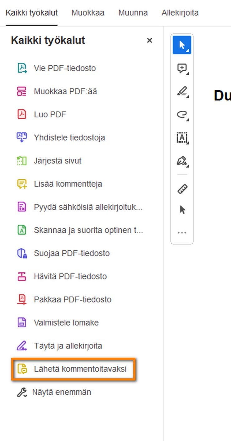 Kommentointityökalu näkyy nyt Kaikki työkalut -ruudussa