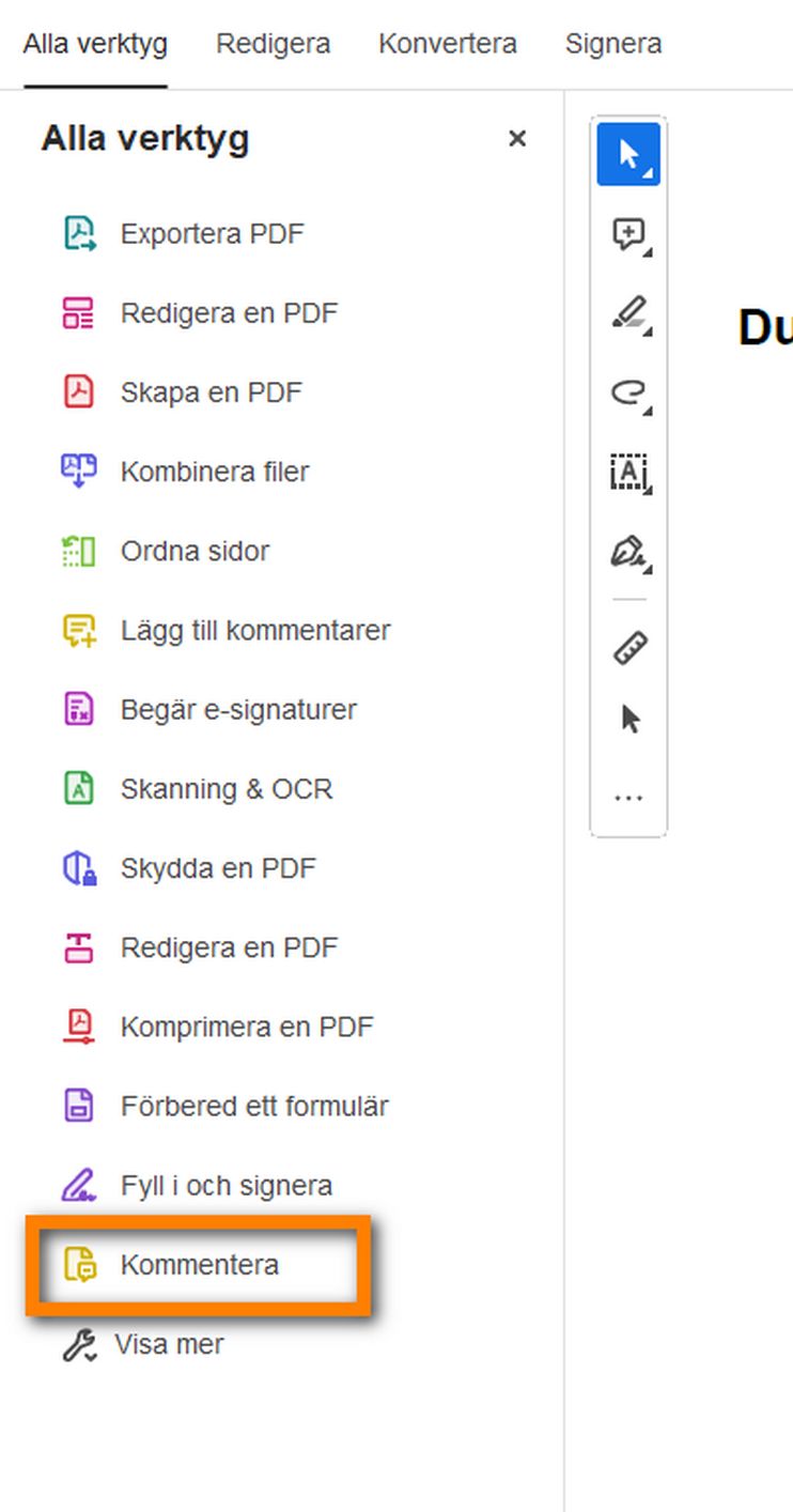 Kommentarsverktyget visas nu i panelen Alla verktyg