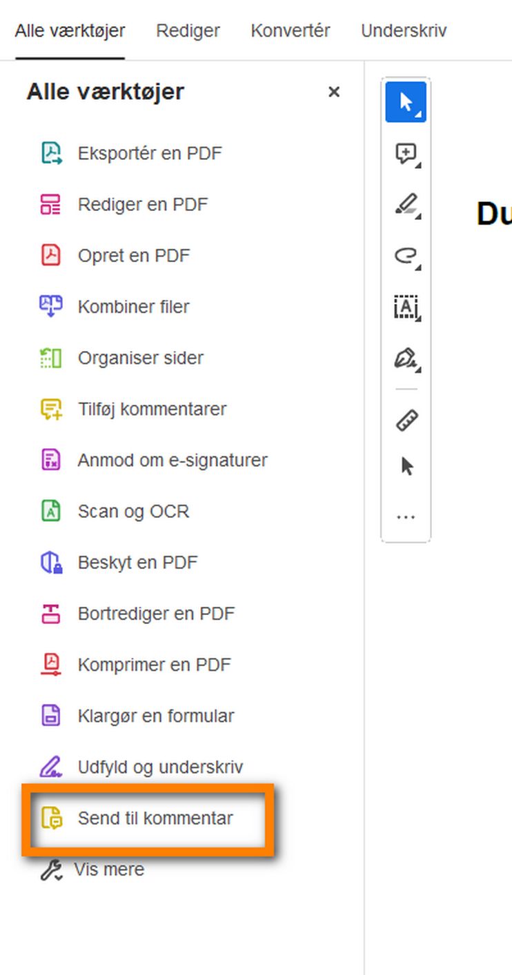Kommentarværktøjet vises nu i panelet Alle værktøjer