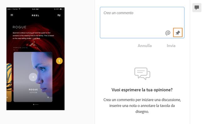 Trascina il pin su una parte specifica dell’area di lavoro e immetti il commento