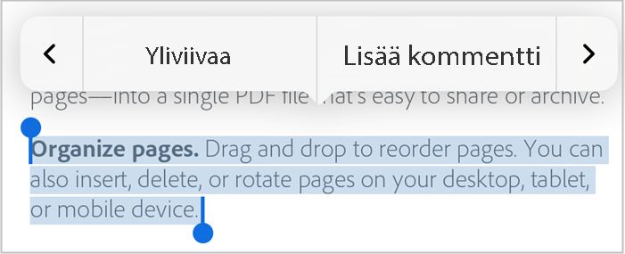 Lisää kommentti valittuun tekstiin
