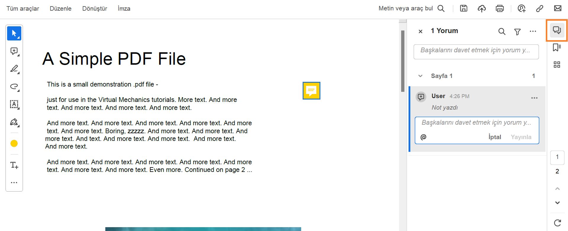 Acrobat'ta yorum bölmesi