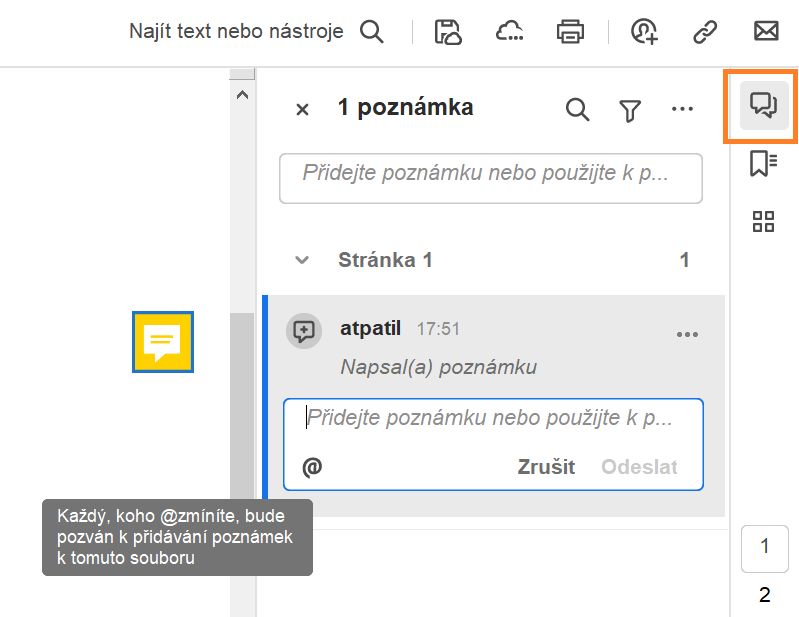 Panel poznámek v aplikaci Acrobat