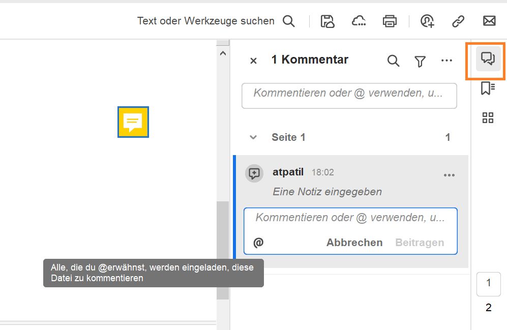 Kommentarbereich in Acrobat