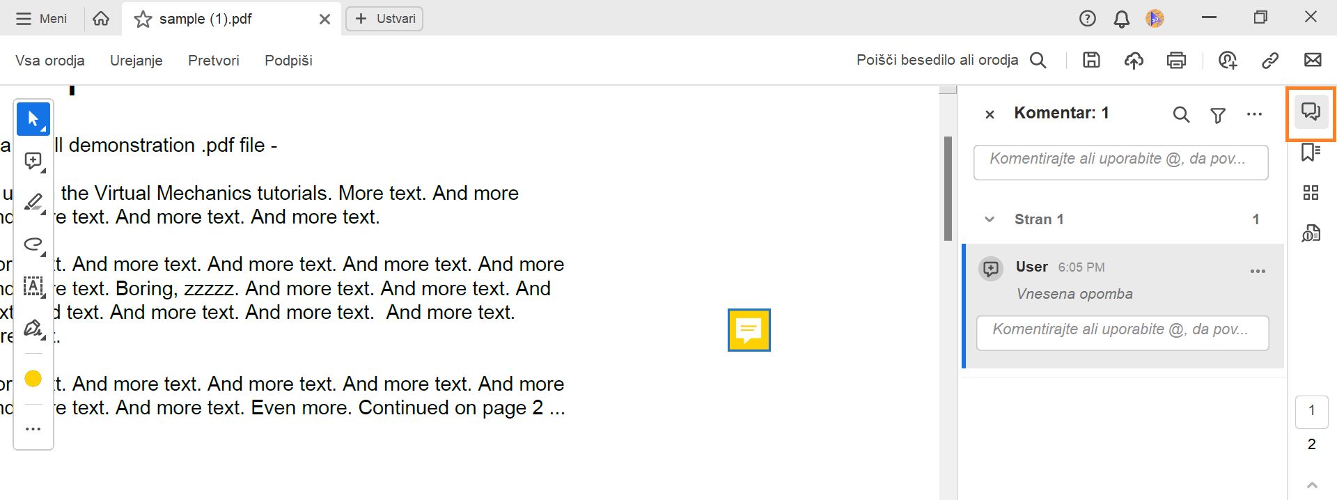 Podokno za komentiranje v Acrobatu