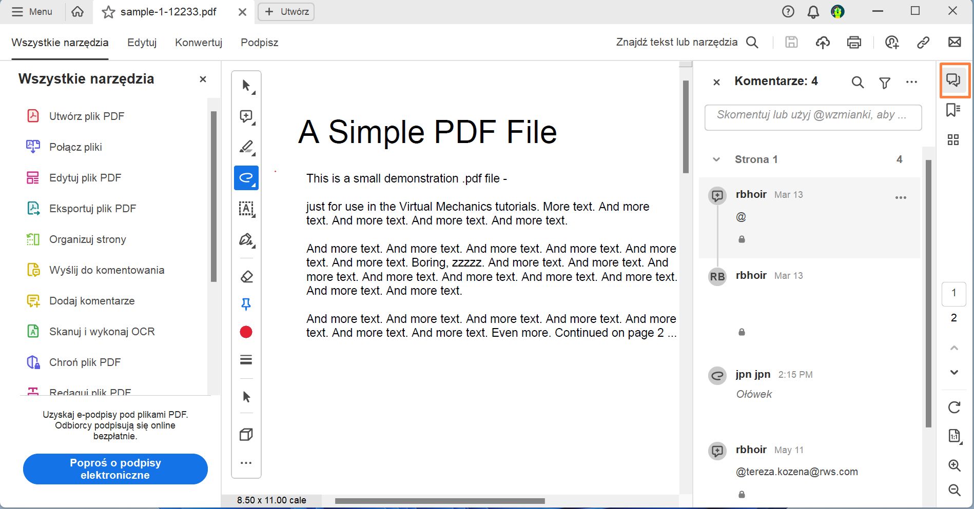 Okienko Skomentuj w programie Acrobat