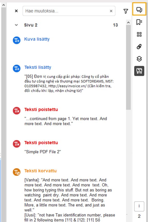 Oikeanpuoleisessa ruudussa korostettuina olevien muutosten luettelo