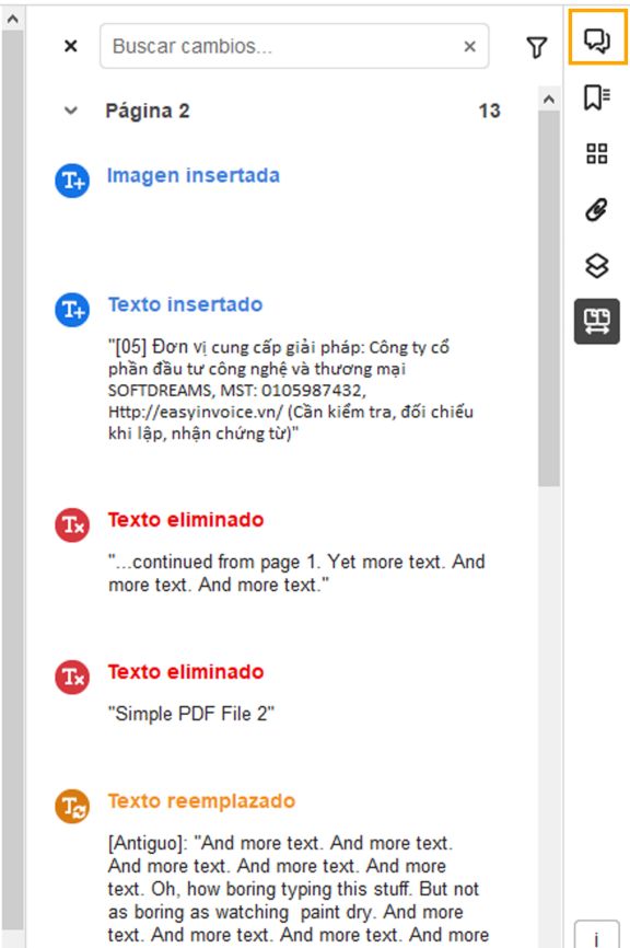Lista de cambios resaltados en el panel derecho