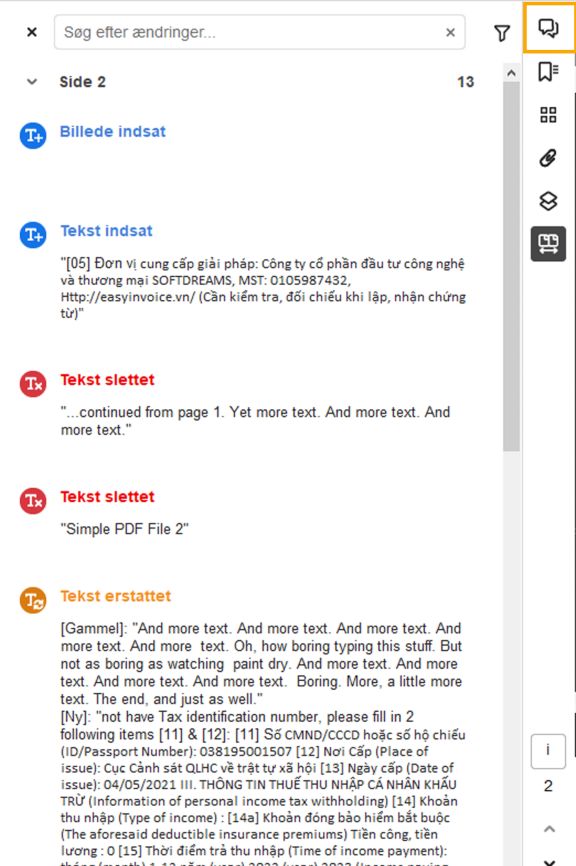 Liste over ændringer, der er fremhævet i ruden i højre side