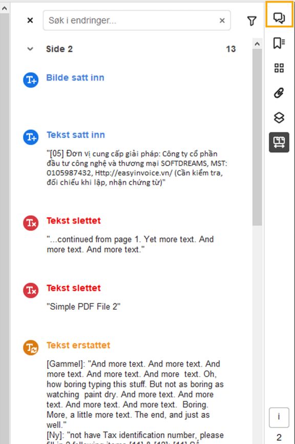 Liste over endringer uthevet i ruten til høyre