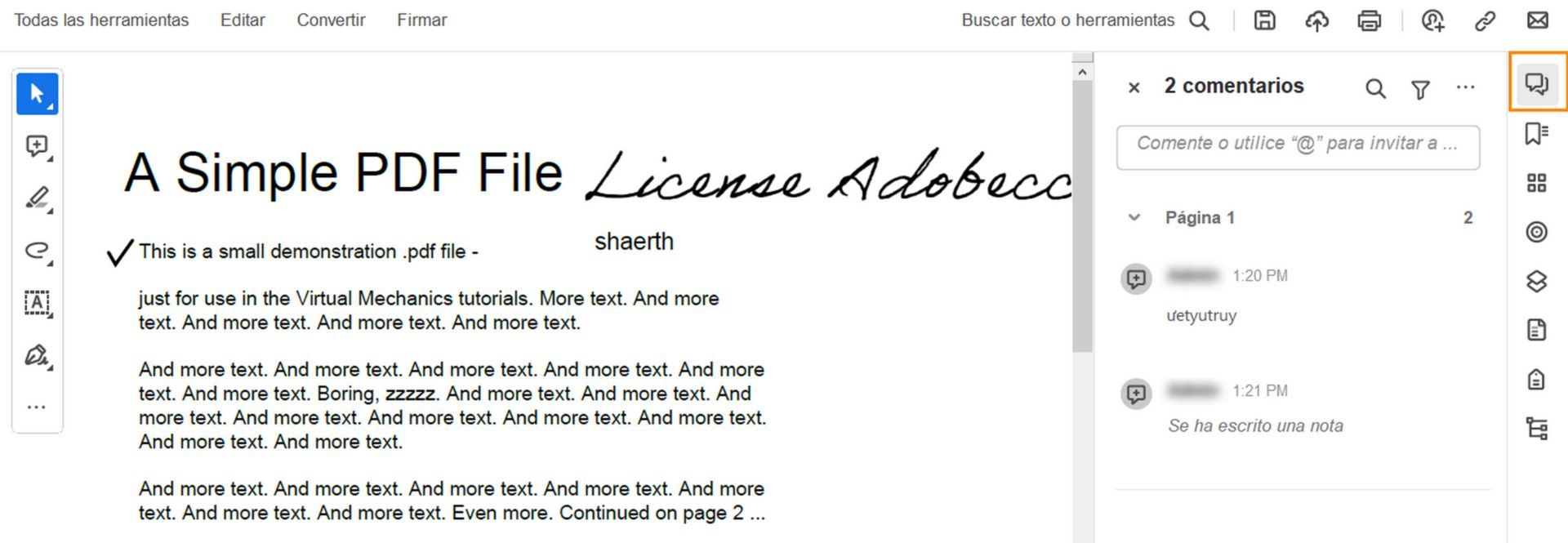 Panel Comentario en Acrobat