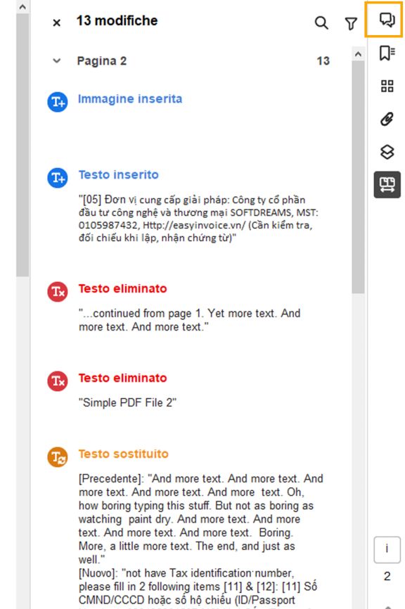 Elenco delle modifiche evidenziato nel riquadro a destra