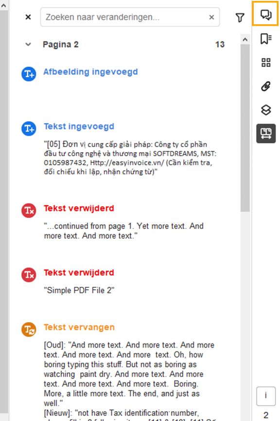Lijst met wijzigingen gemarkeerd in het rechterdeelvenster