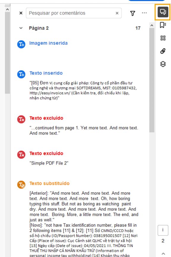 Lista de alterações realçadas no Painel direito
