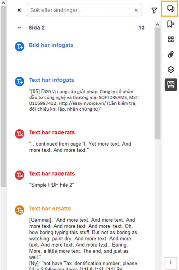Lista med ändringar markerade i rutan till höger