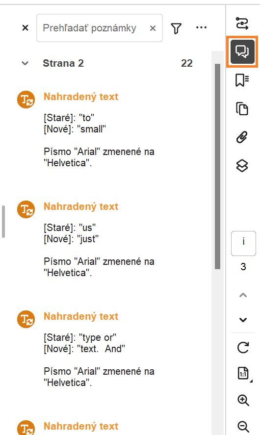 Zoznam zmien zvýraznených v pravej table